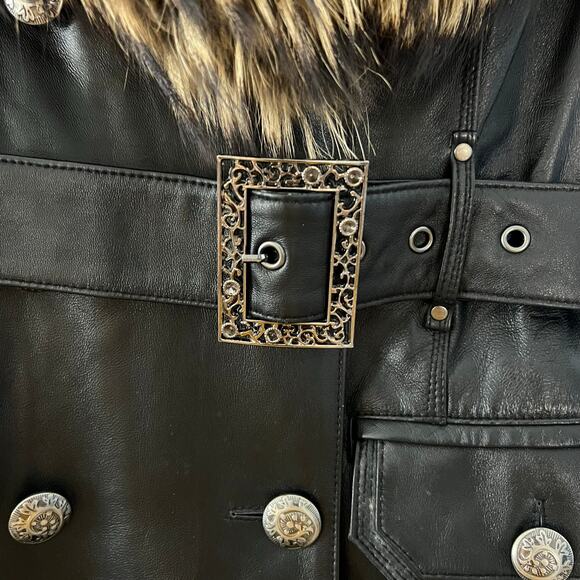 Donica Black Leather Jacket Women’s S Faux Fur Collar Double Breasted Mob Wife - Picture 4 of 10